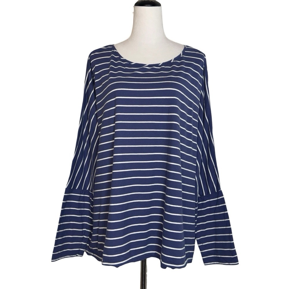 Green Cotton By Garnet Hill Top Womens M Blue Striped Boat Neck Dolman Tee